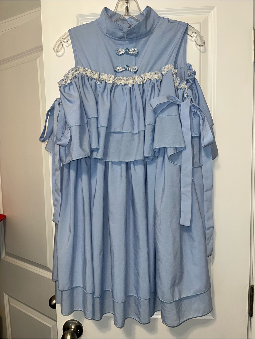 Japanese INSPIRED Light Blue Ruffle Cold-Shoulder Dress with Mock Neck